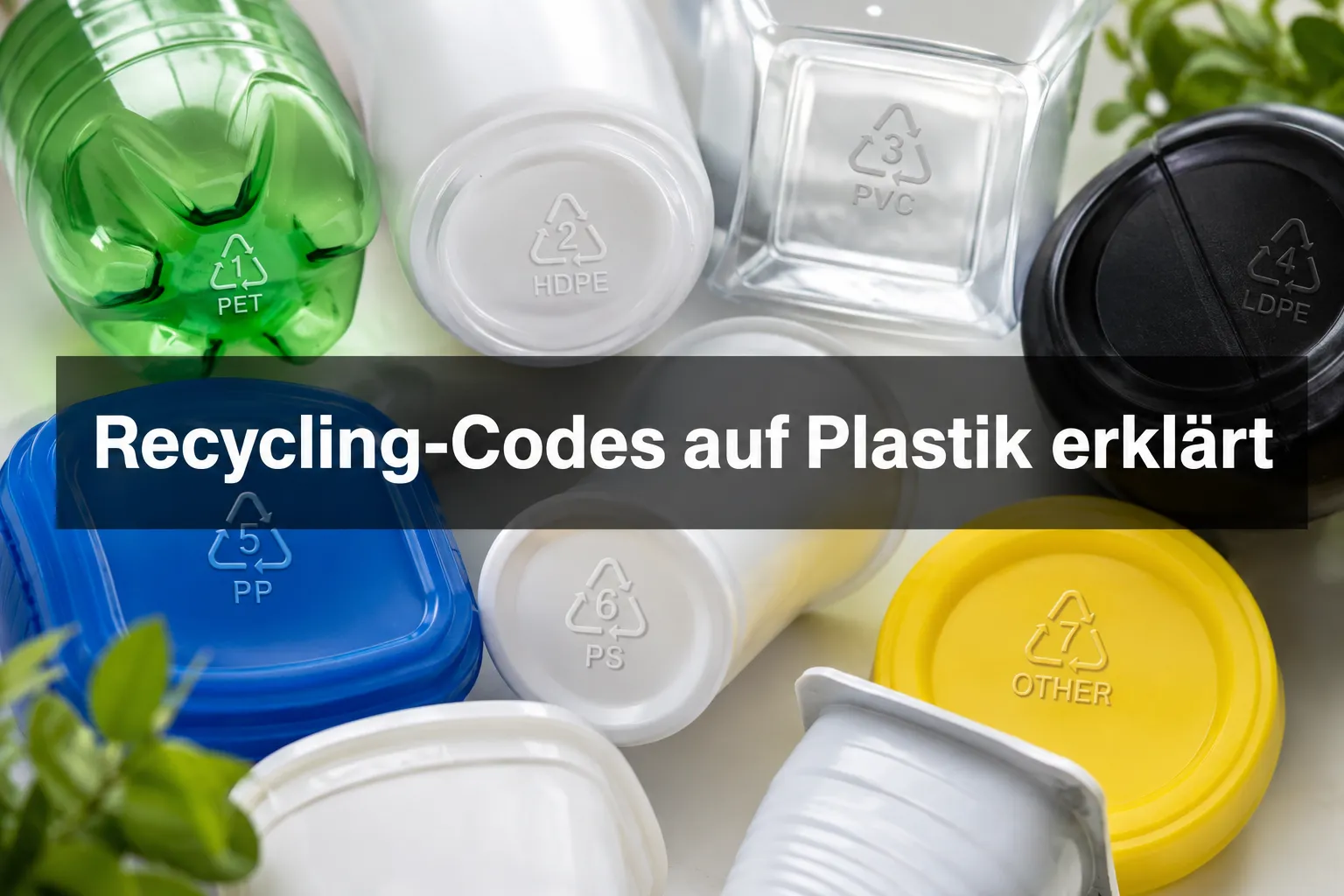 Was bedeuten die Recycling-Codes auf der Unterseite von Plastikbehältern? 1 Professional () hero image with (≤42 chars): 'Recycling-Codes auf Plastik erklärt', white on a semi-transparent dark panel,