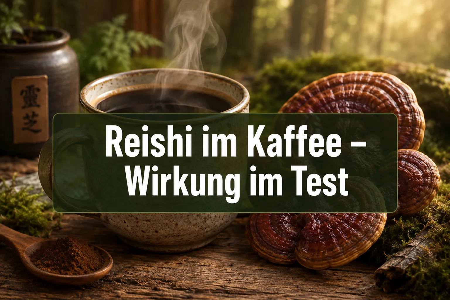 Was bewirkt Reishi-Pilz im Kaffee? Wirkung und Geschmack im Test 1 Professional () hero image with (≤42 chars): 'Reishi im Kaffee – Wirkung im Test' in crisp white on a semi-transparent dark