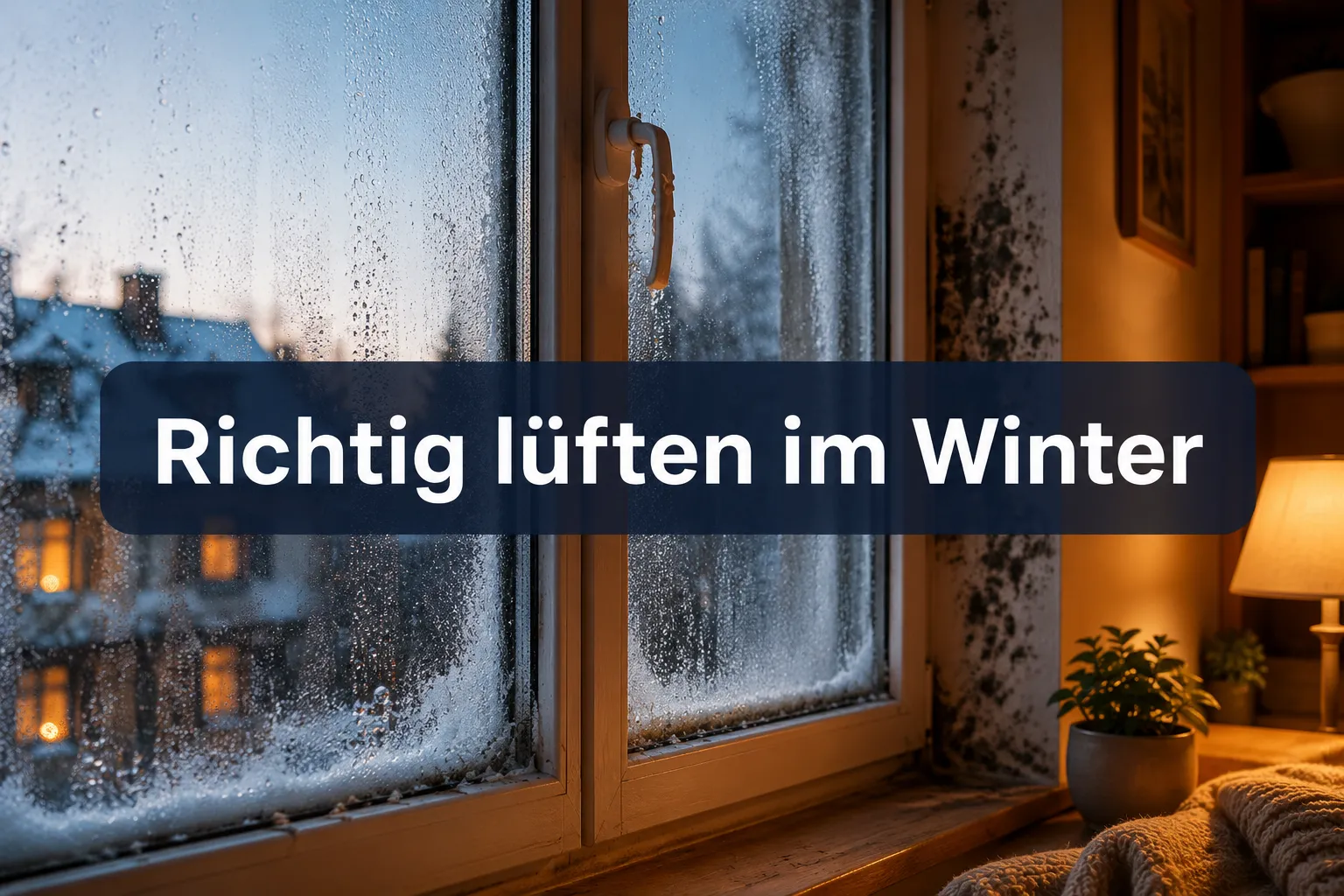 Professional () hero image with (≤42 chars): 'Richtig lüften im Winter' in crisp white on a deep navy semi-transparent