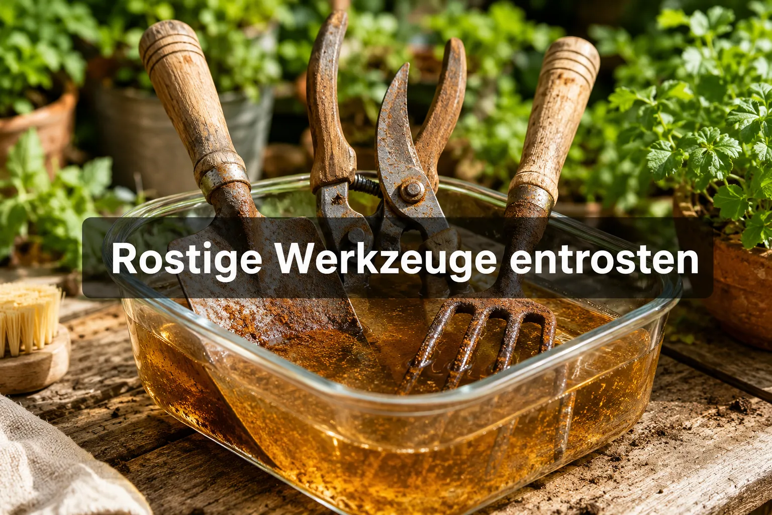Rostige Gartenwerkzeuge reaktivieren: Das Entrostungsbad in Essigessenz 1 Professional () hero image with (≤42 chars): 'Rostige Werkzeuge entrosten' in crisp white on a dark semi-transparent panel,