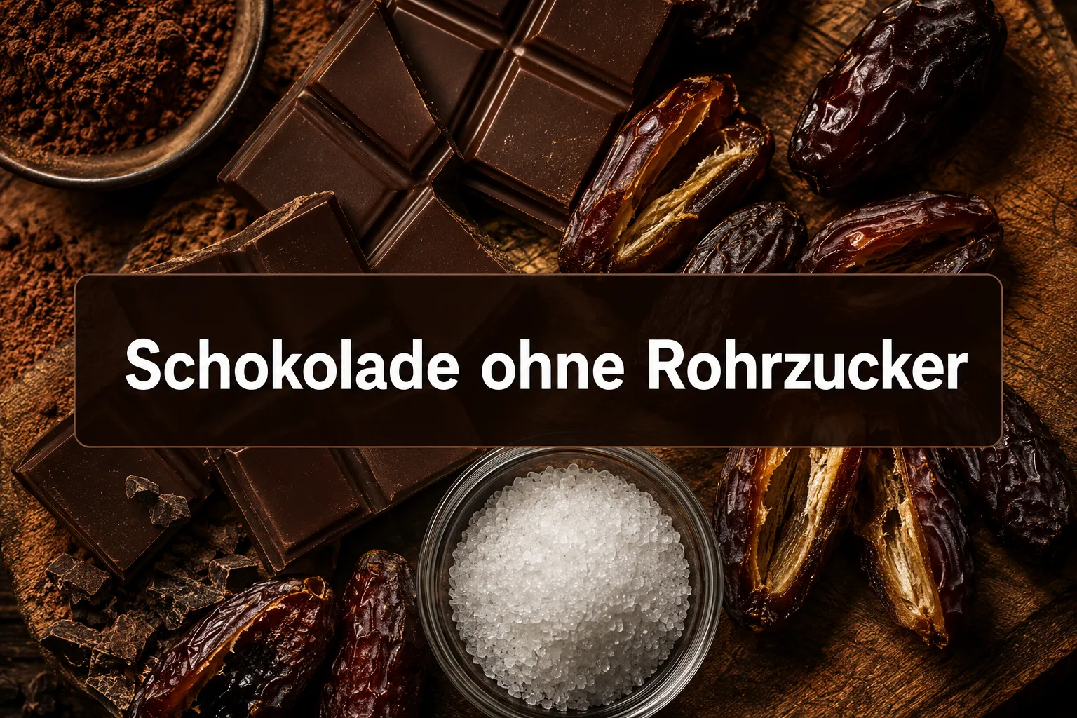 Professional () hero image with (≤42 chars): 'Schokolade ohne Rohrzucker' in crisp white on a rich dark-chocolate