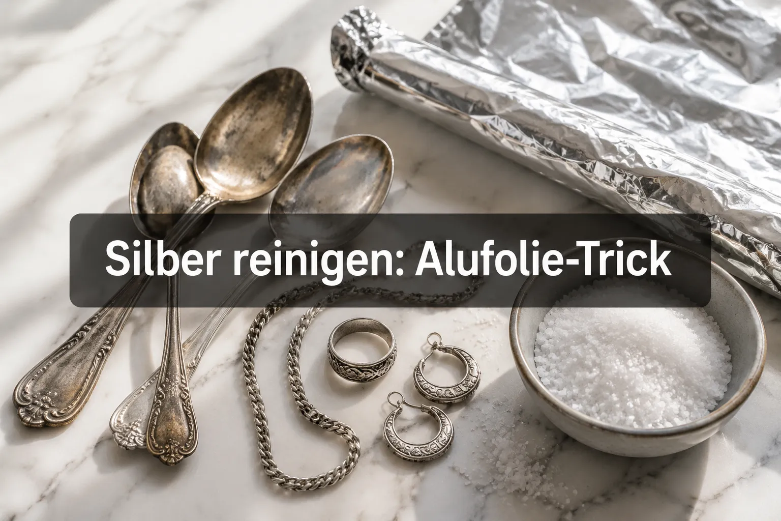 Professional () hero image with (≤42 chars): 'Silber reinigen: Alufolie-Trick', crisp white on a dark semi-transparent