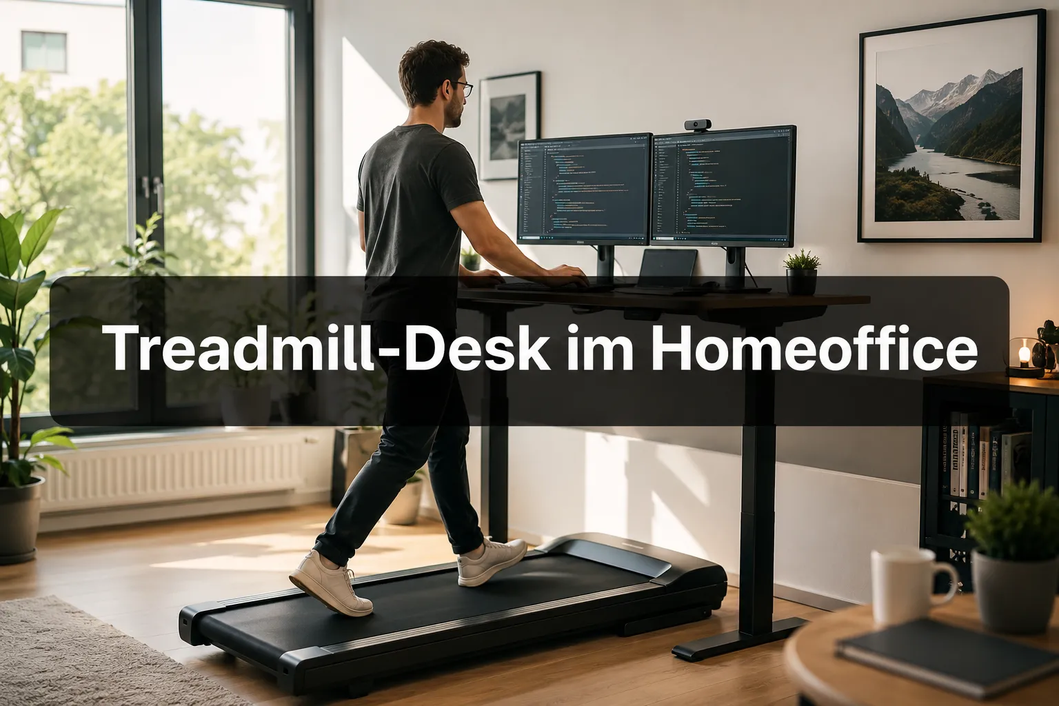 Professional () hero image with (≤42 chars): 'Treadmill-Desk im Homeoffice' in crisp white on a semi-transparent dark panel,