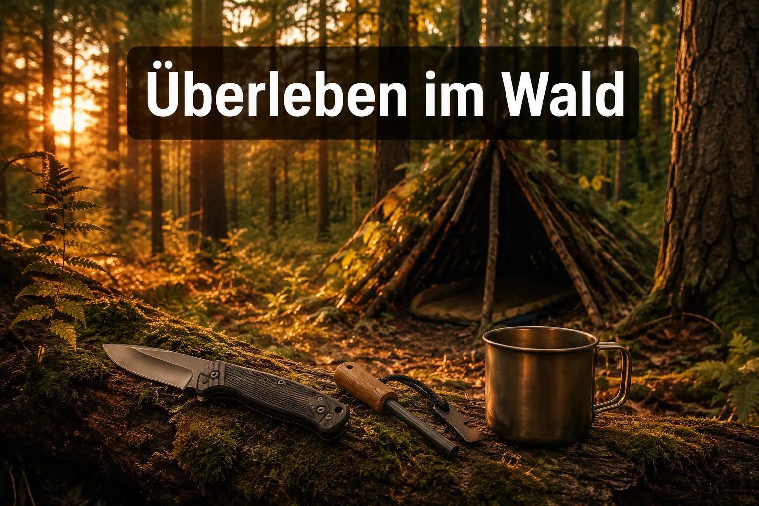 Bushcrafting-Wochenende: Überleben im Wald mit minimaler Ausrüstung 1 Professional () hero image with (≤42 chars): 'Überleben im Wald' in crisp white on a dark semi-transparent panel, centered