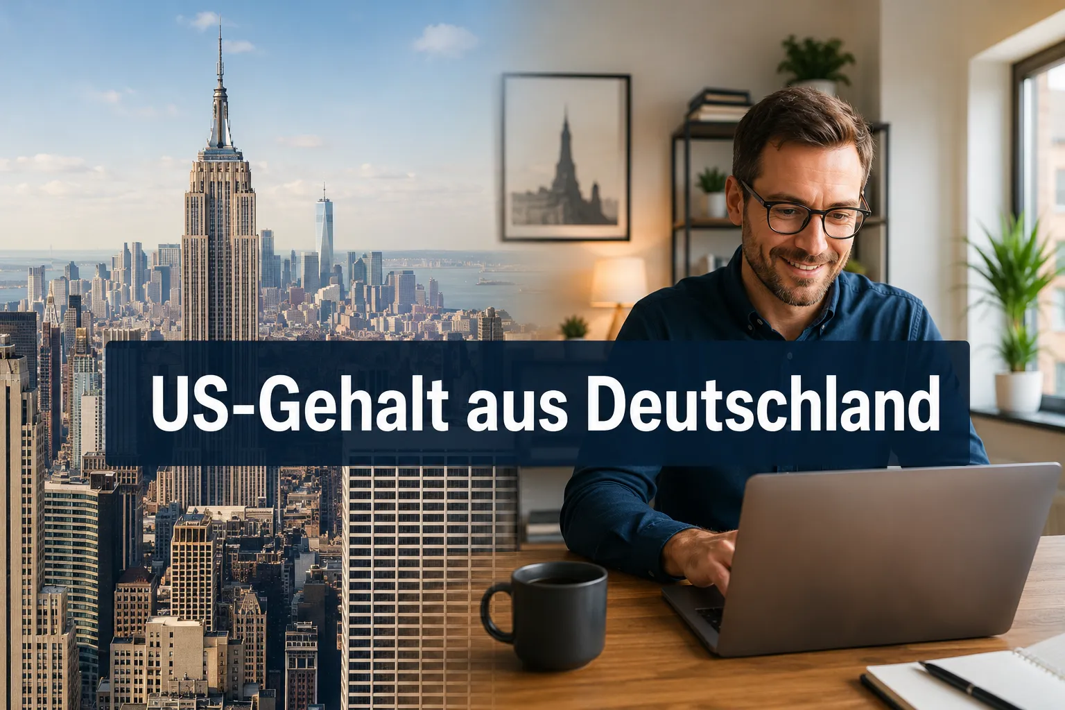 Professional () hero image with (≤42 chars): 'US-Gehalt aus Deutschland' in crisp white on a deep navy semi-transparent