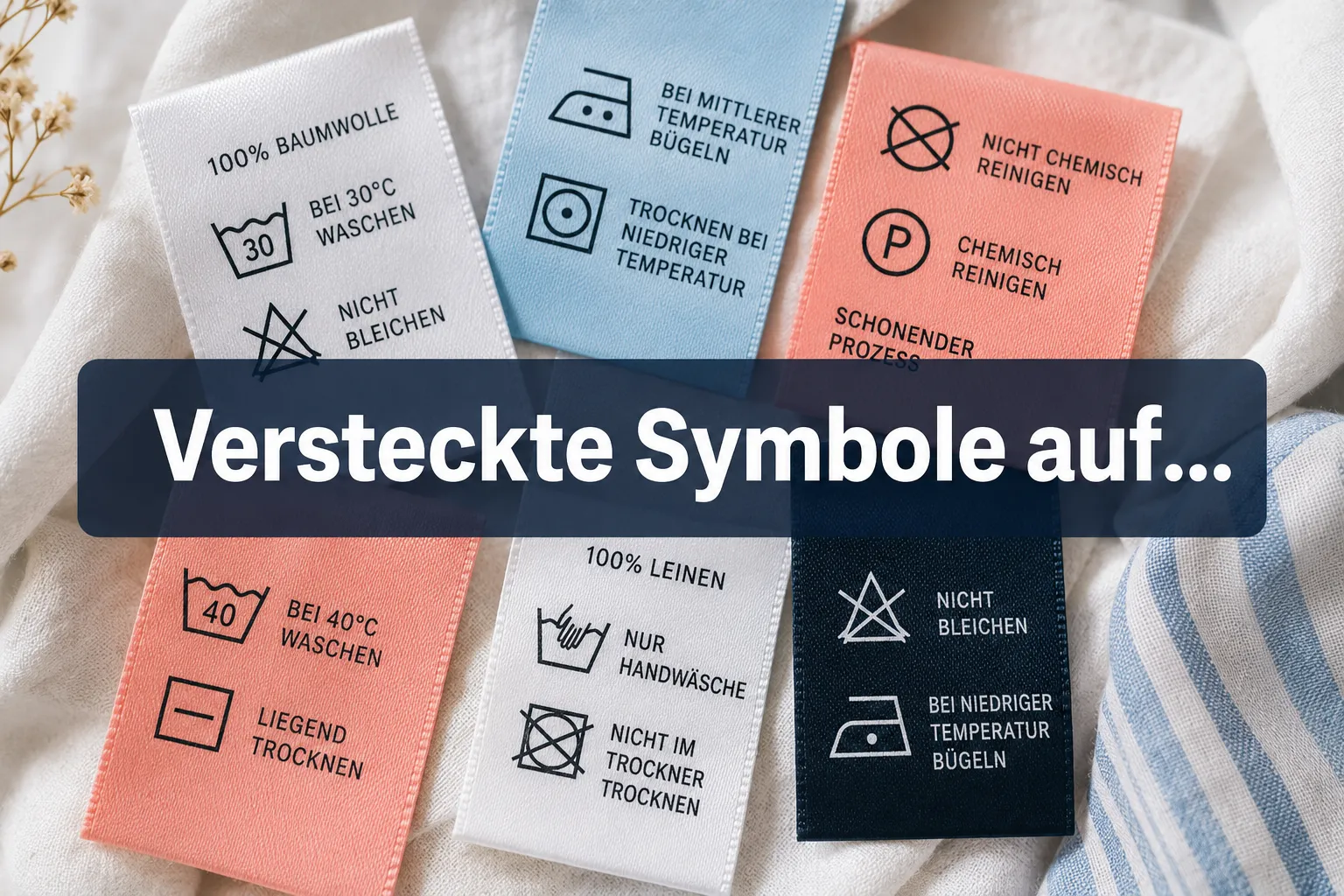 Versteckte Symbole auf Textilpflegeschildern und was sie wirklich bedeuten 1 Professional () hero image with (≤42 chars): 'Versteckte Symbole auf…' in crisp white on a semi-transparent dark navy panel,