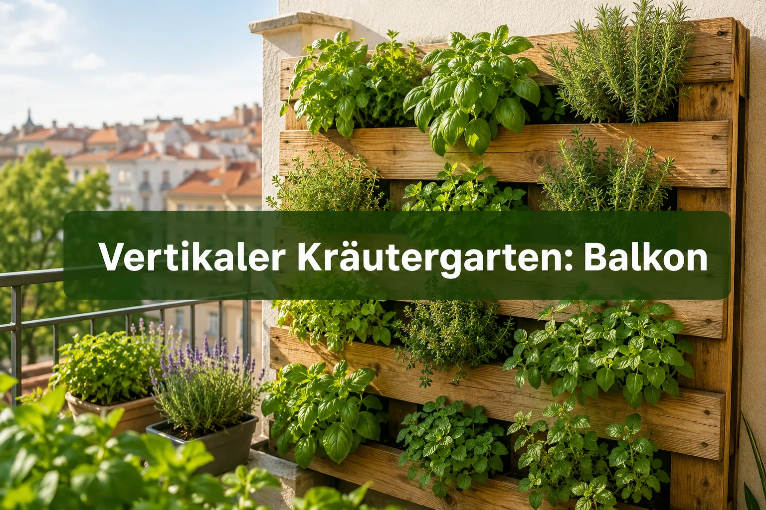 Professional () hero image with (≤42 chars): 'Vertikaler Kräutergarten: Balkon' in crisp white on a semi-transparent dark