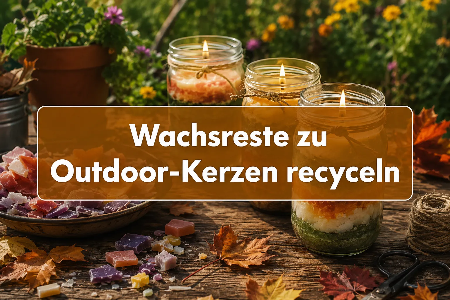 Professional () hero image with (≤42 chars): 'Wachsreste zu Outdoor-Kerzen recyceln' in crisp white on a warm amber