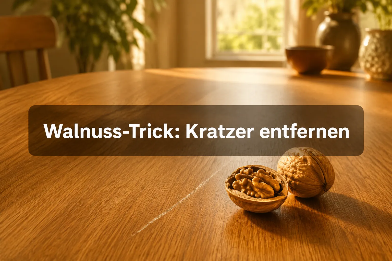 Kratzer in Holzmöbeln entfernen: Der Walnuss-Trick im Praxistest 1 Professional () hero image with (≤42 chars): 'Walnuss-Trick: Kratzer entfernen' in crisp white on a warm semi-transparent