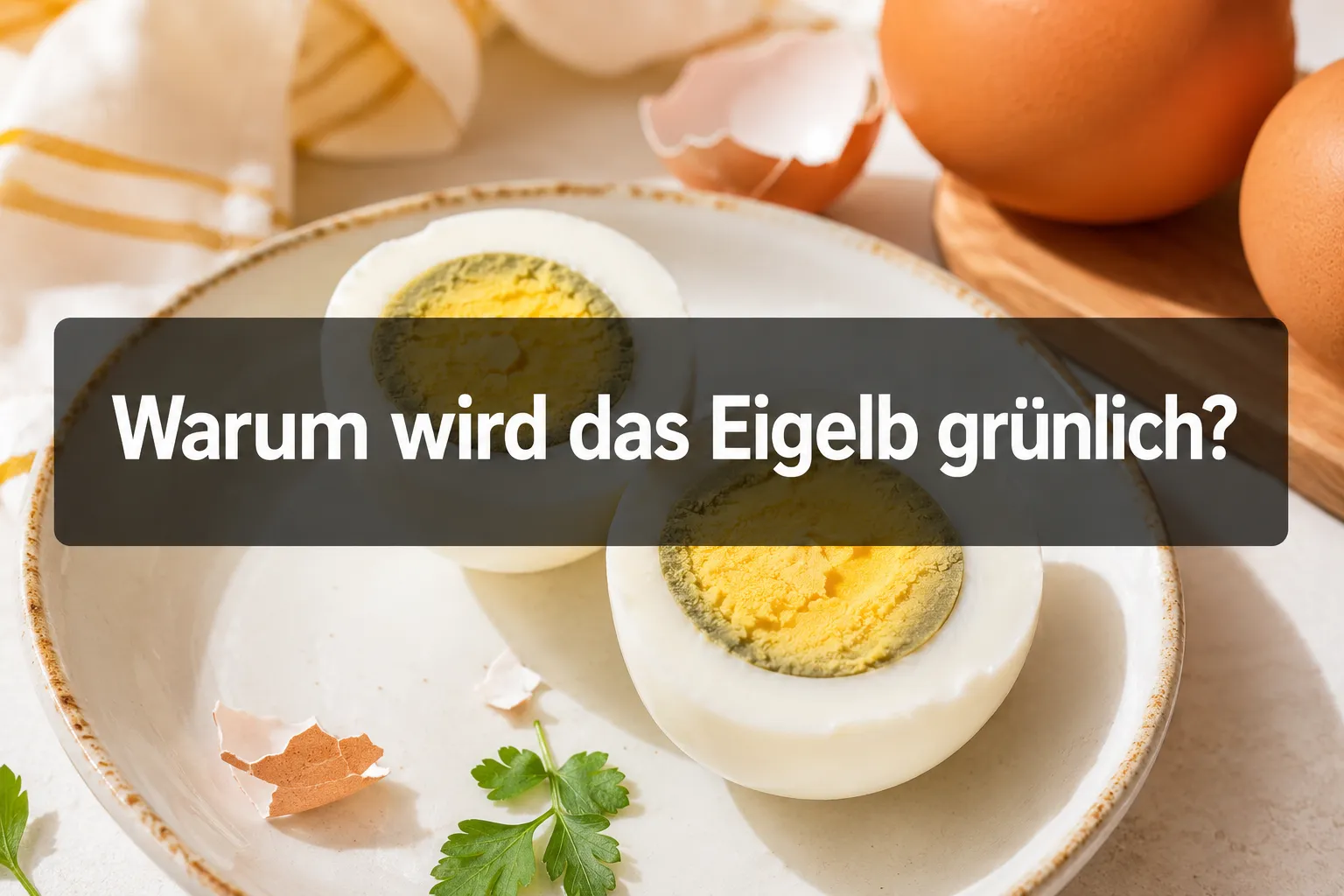Professional () hero image with (≤42 chars): 'Warum wird das Eigelb grünlich?' in crisp white on a semi-transparent dark