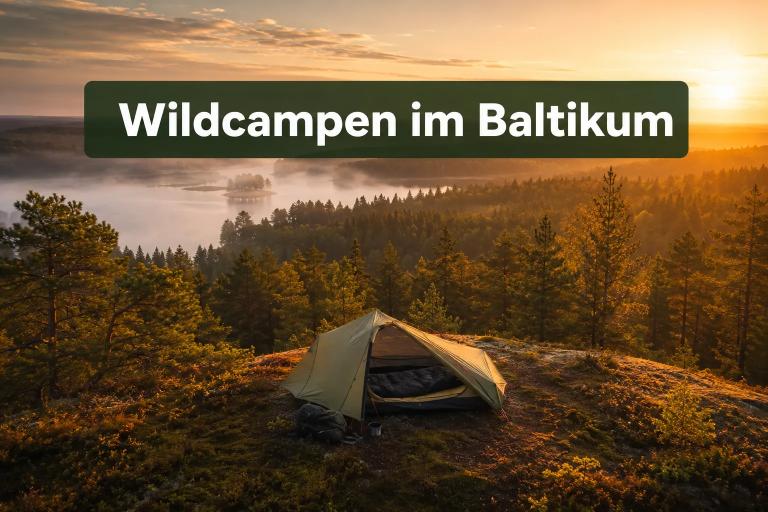 Professional () hero image with (≤42 chars): 'Wildcampen im Baltikum' in crisp white on a deep forest-green semi-transparent