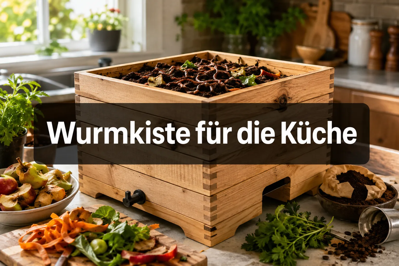 Professional () hero image with (≤42 chars): 'Wurmkiste für die Küche' in crisp white on a dark semi-transparent panel,