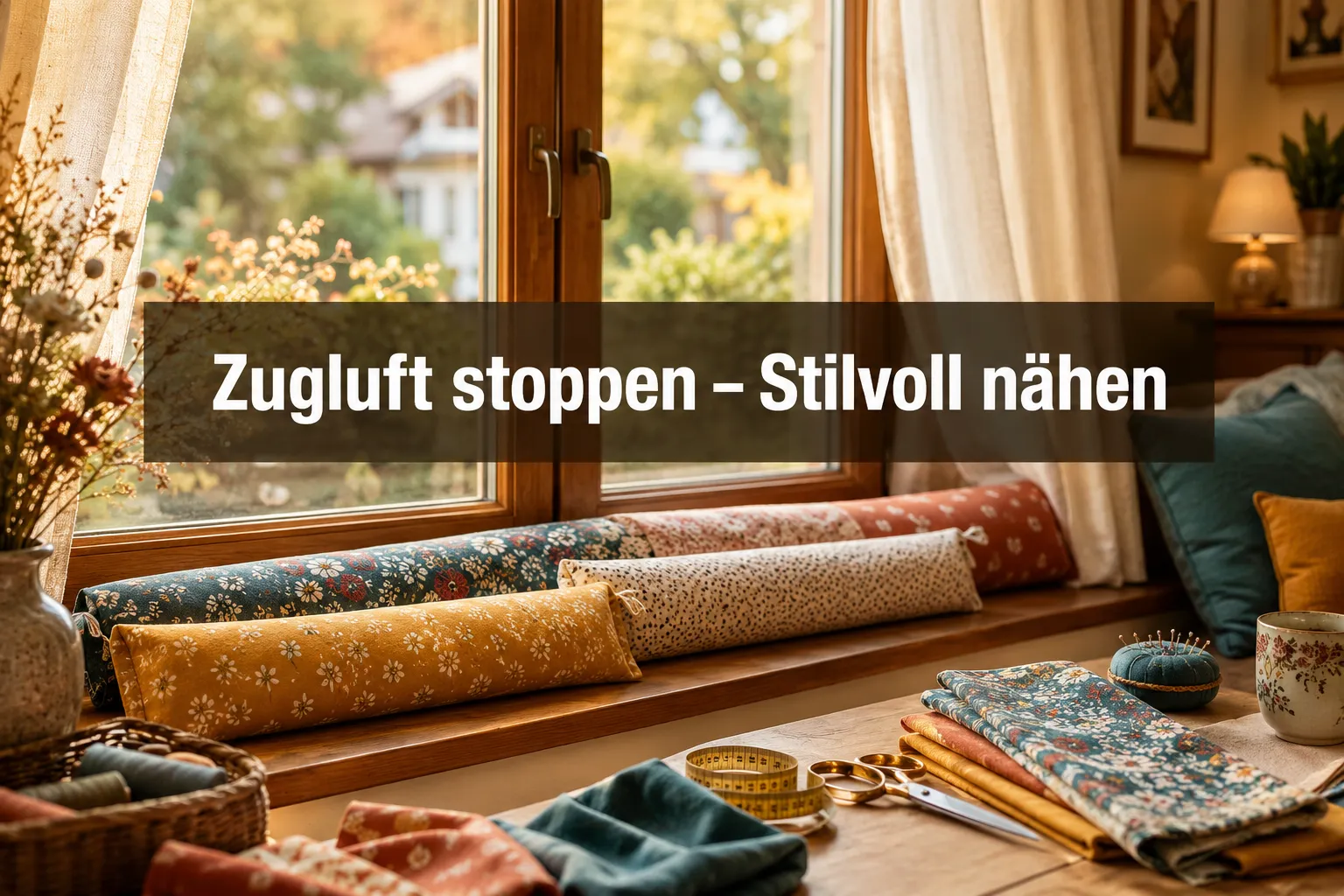 Professional () hero image with (≤42 chars): 'Zugluft stoppen – Stilvoll nähen' in crisp white centered on a warm