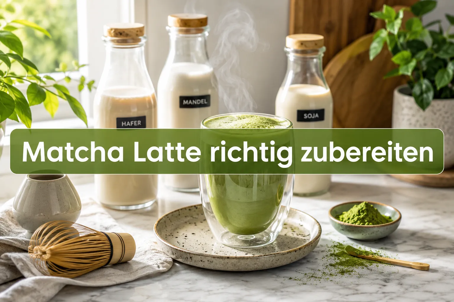 Professionelles Landscape-Format () Hero-Bild mit kurzem, fettem Textoverlay (≤42 Zeichen): 'Matcha Latte richtig