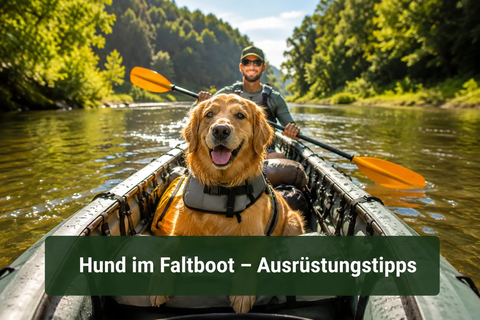 Professionelles Querformat-Bild () mit kurzem, fettem Textoverlay (≤42 Zeichen): 'Hund im Faltboot – Ausrüstungstipps',