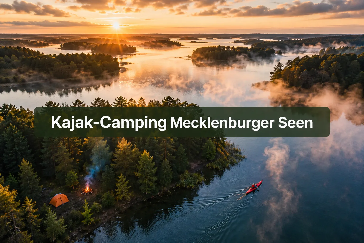 Professionelles Querformat-Bild () mit kurzem fettem Textoverlay (≤42 Zeichen): 'Kajak-Camping Mecklenburger Seen' in weißem