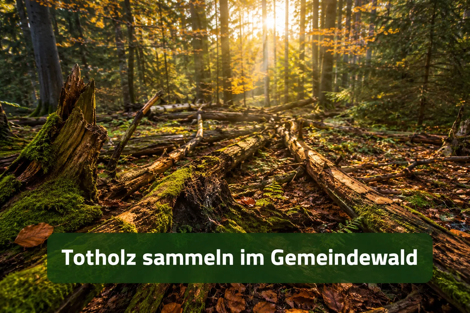 Professionelles Querformat-Bild () mit kurzem fettem Textoverlay (≤42 Zeichen): 'Totholz sammeln im Gemeindewald', weißer