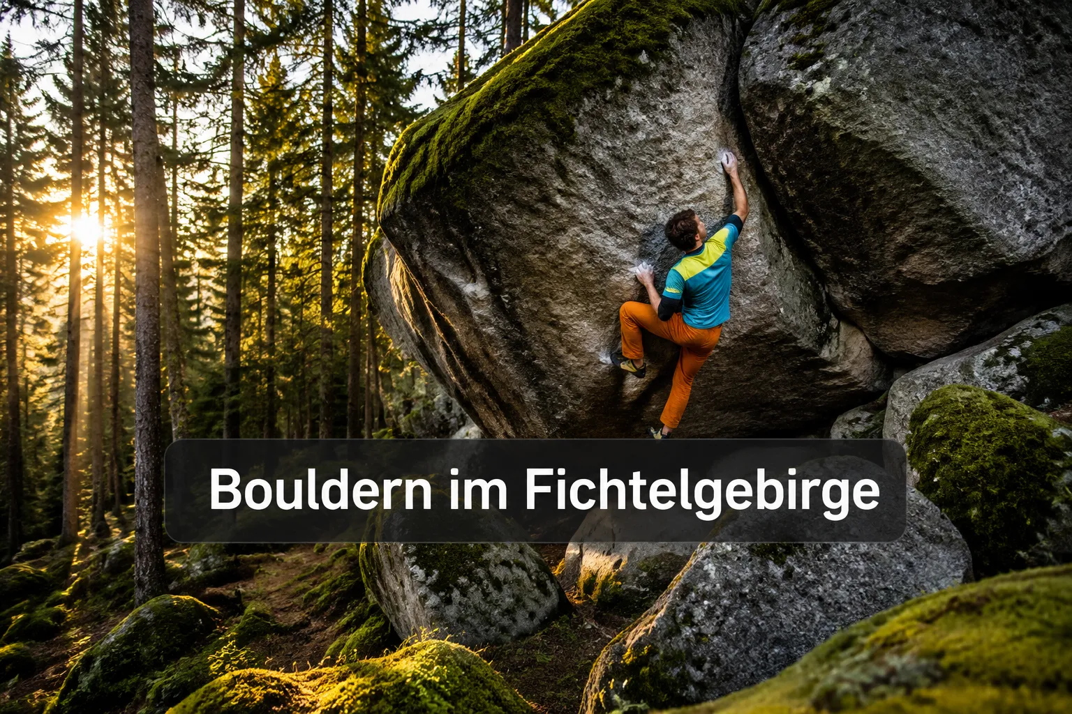 Bouldern im Freien: Versteckte Granitfelsen im Fichtelgebirge entdecken 1 Professionelles Querformat () Hero-Bild mit kurzem fettem Textoverlay (≤42 Zeichen): 'Bouldern im Fichtelgebirge' in weißer