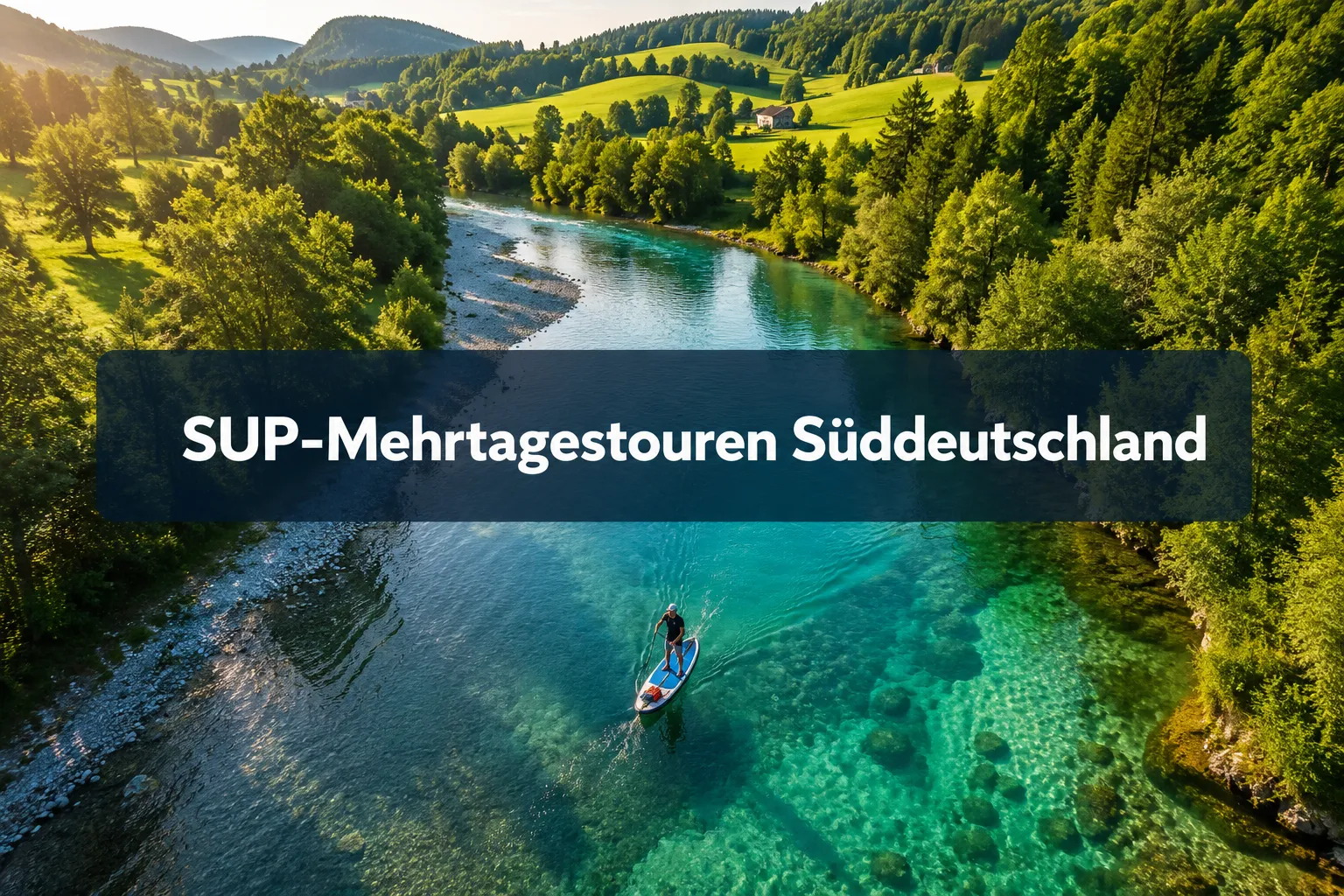 Professionelles Querformat () Hero-Bild mit kurzem fettem Textoverlay (≤42 Zeichen): 'SUP-Mehrtagestouren Süddeutschland',