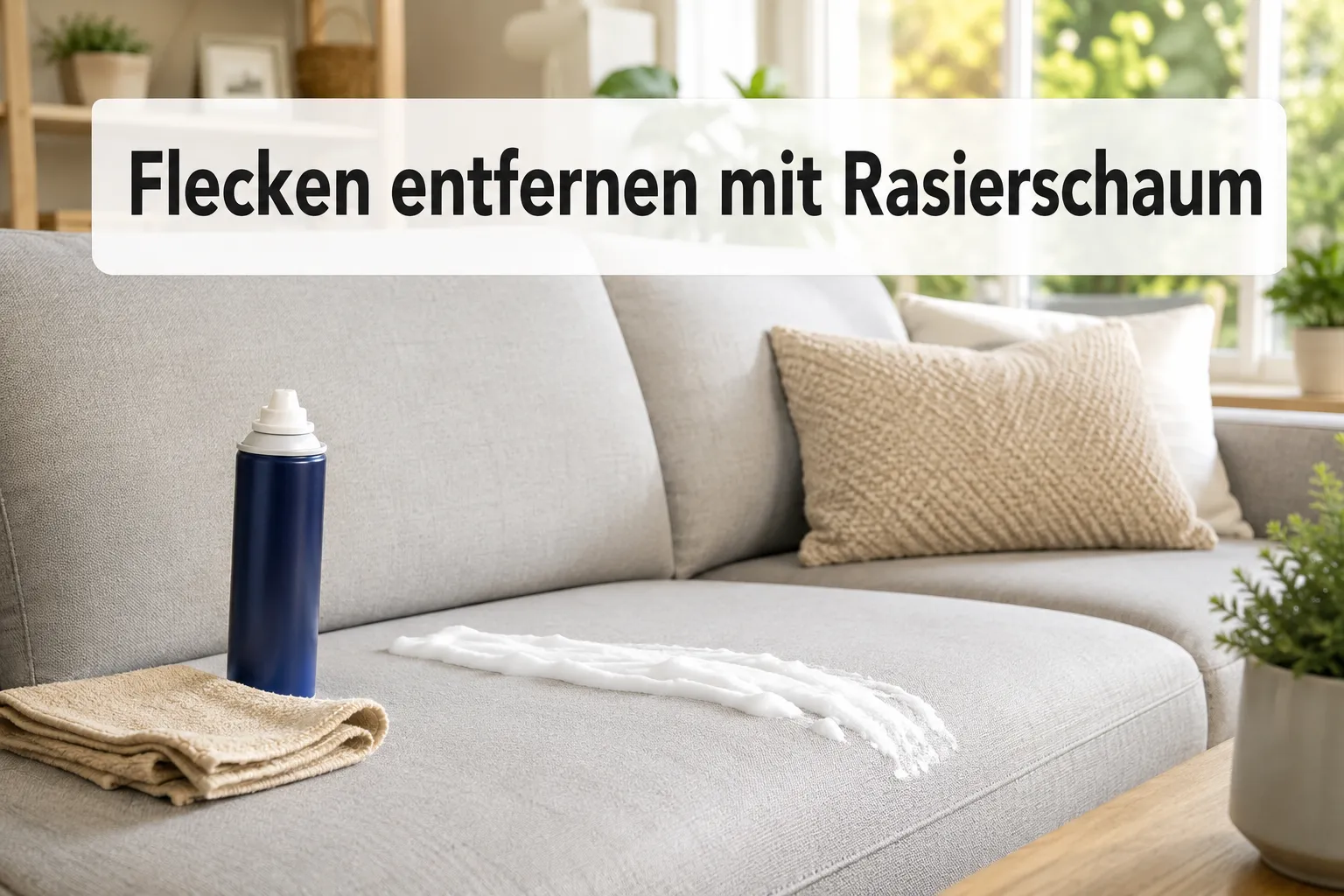 Flecken aus Polstermöbeln entfernen: So hilft Rasierschaum bei Couch-Verschmutzungen 1 Professionelles Querformat () Hero-Bild mit kurzem fettem Textoverlay (≤42 Zeichen): 'Flecken entfernen mit Rasierschaum',