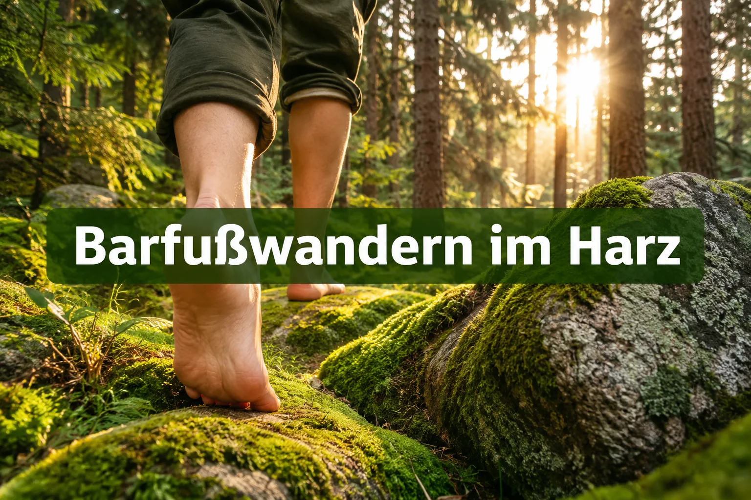 Barfußwandern im Harz: Leitfaden für naturnahes Gehen auf Moos und Fels 1 Professionelles Querformat-Titelbild () mit kurzem fettem Textoverlay (≤42 Zeichen): 'Barfußwandern im Harz', fette weiße