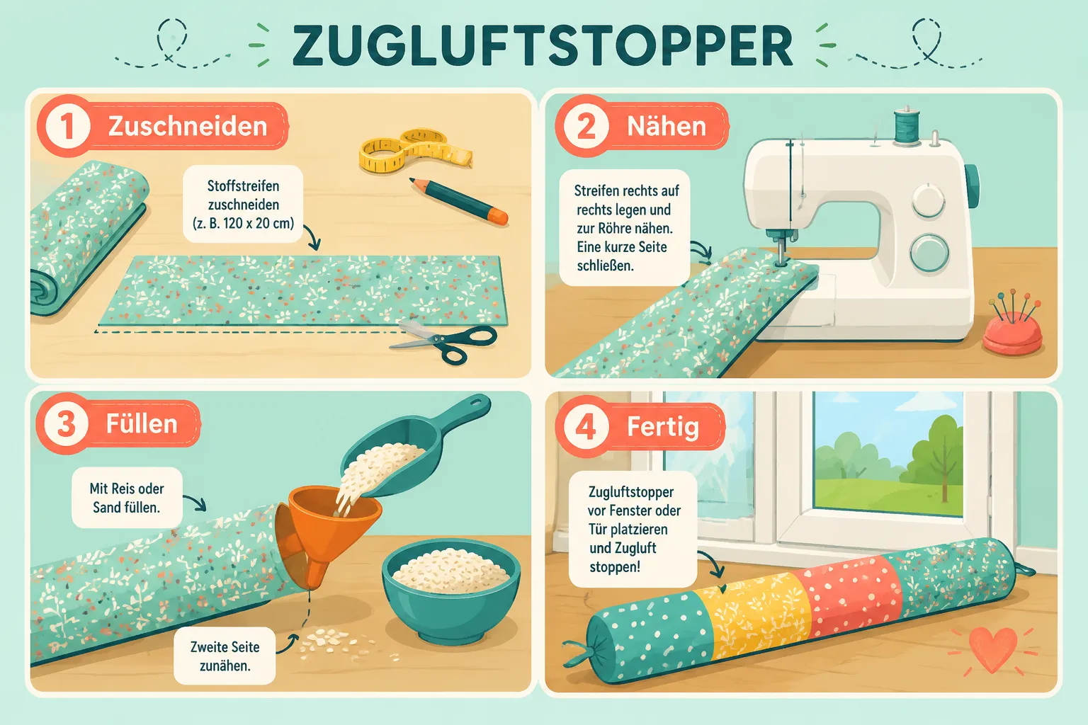 Schritt für Schritt: Zugluftstopper nähen für Anfänger