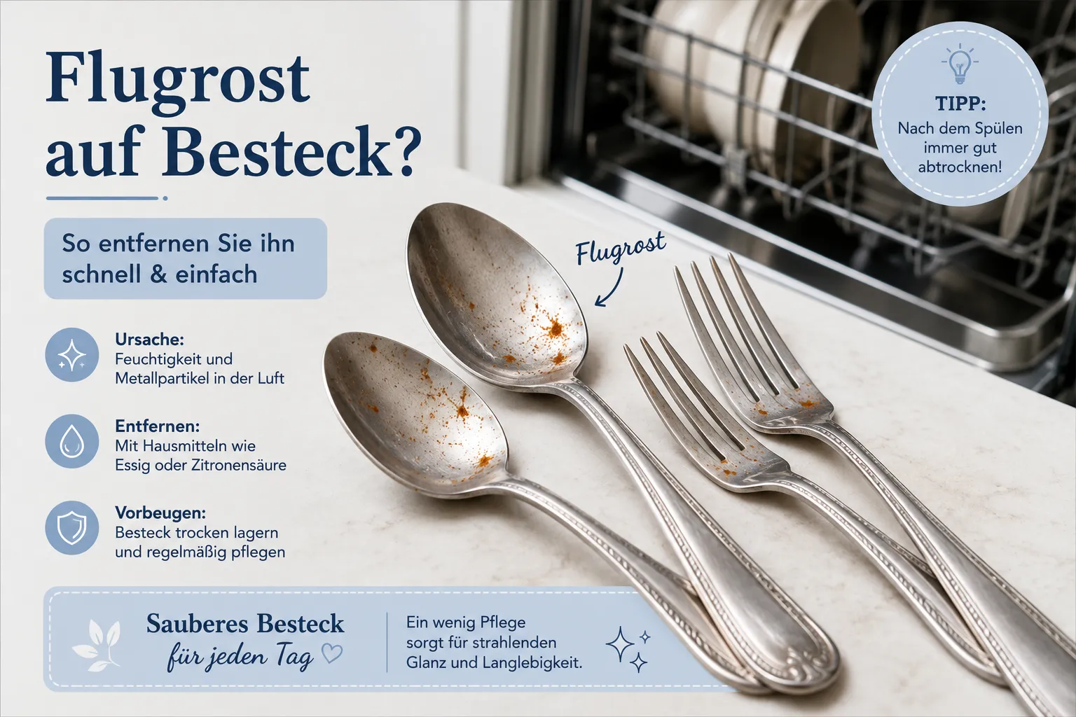 Was tun bei Flugrost auf Besteck aus der Spülmaschine? Der Alufolien-Trick 2 Unterschied zwischen Flugrost und normalem Rost