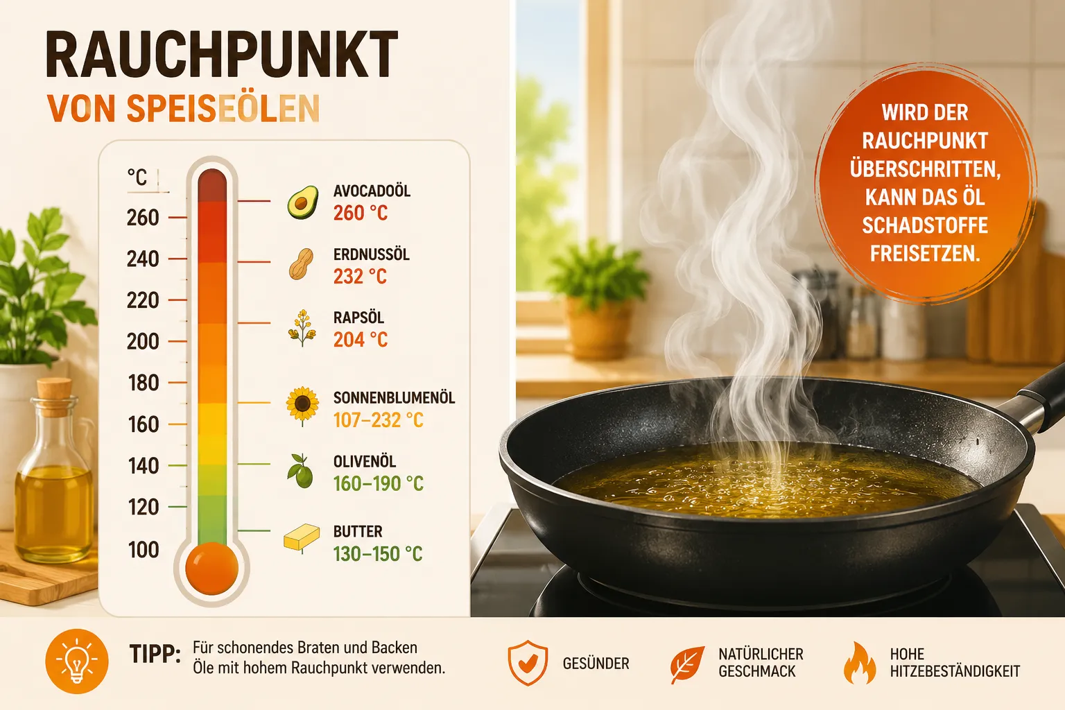 Welches Öl eignet sich zum Erhitzen? Der Rauchpunkt-Vergleich 2 Was ist der Rauchpunkt und warum ist er wichtig beim Kochen?