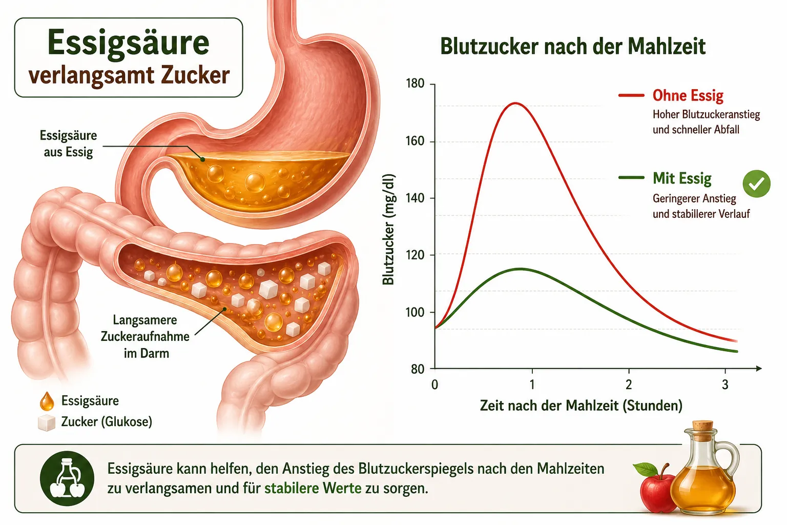 Apfelessig vor dem Essen: Was bringt der Trend wirklich für den Blutzucker? 2 Was macht Apfelessig eigentlich mit dem Blutzucker?