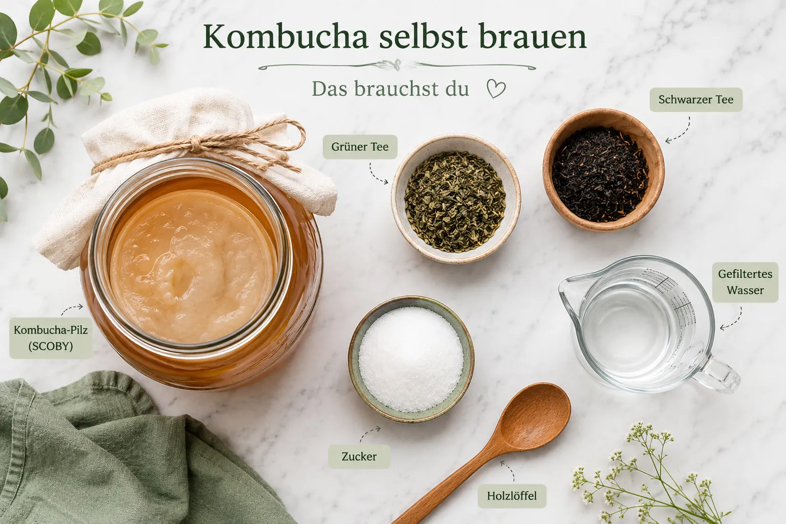 Kombucha brauen: Schritt-für-Schritt-Anleitung von der Erst- bis Zweitfermentation 2 Welche Zutaten und Ausrüstung brauche ich zum Kombucha brauen?