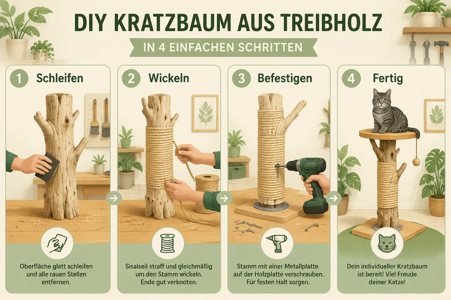 Katzen-Kratzbaum DIY: Nachhaltiges Klettergerüst aus Treibholz und Sisal 3 Wie baue ich einen Kratzbaum aus Treibholz selbst: Schritt-für-Schritt-Anleitung