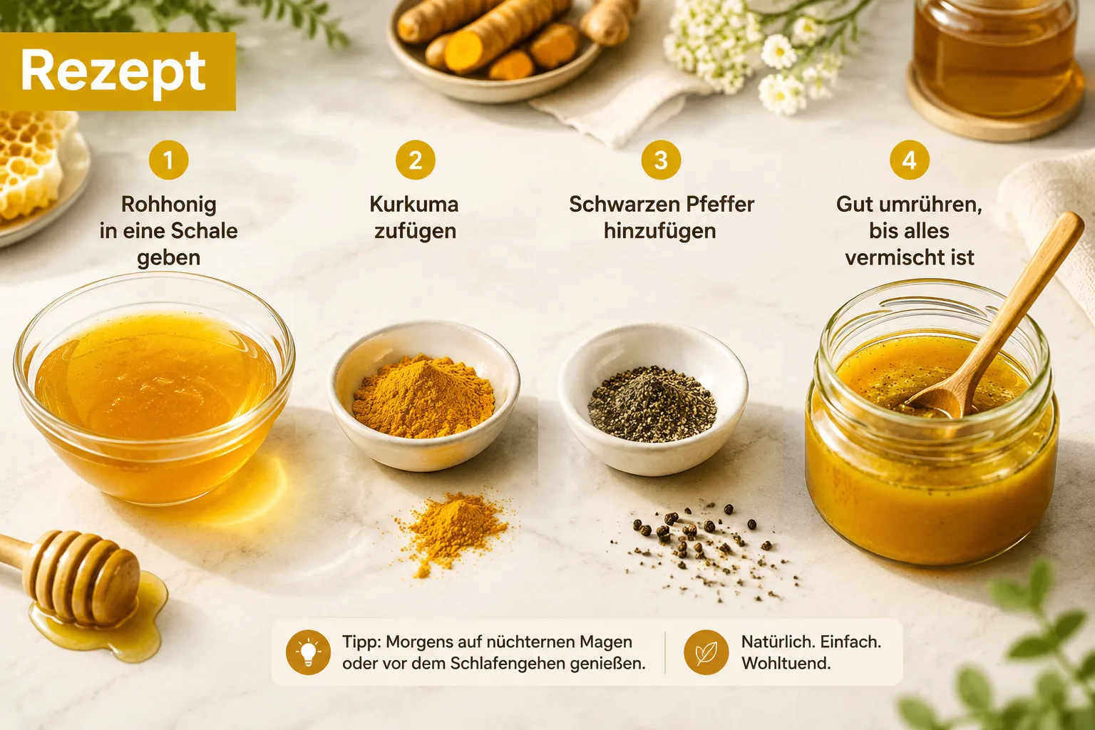 Goldener Honig mit Kurkuma: Ein natürliches Elixier bei Erkältungen 2 Wie macht man Goldenen Honig mit Kurkuma selbst?